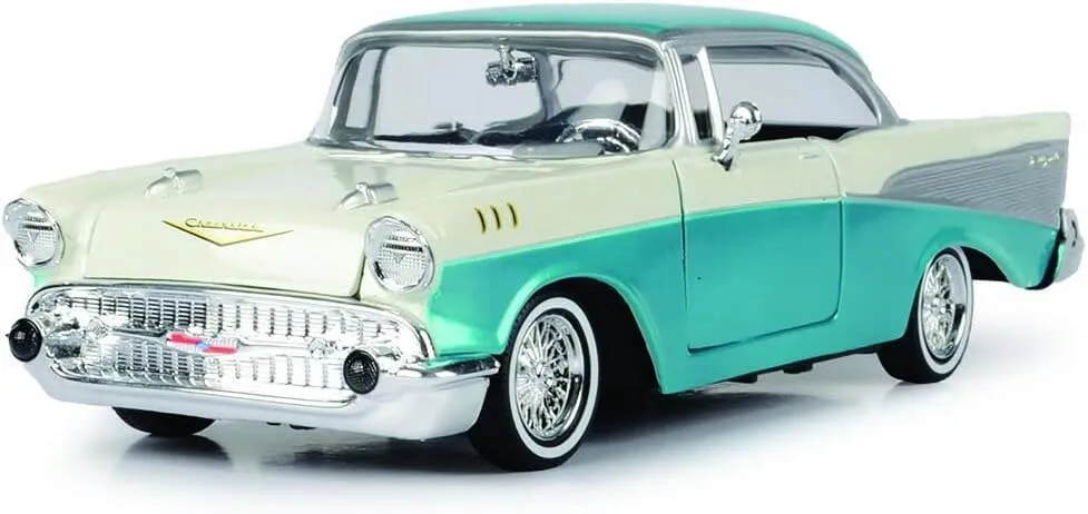 1957 Chevy Bel Air Lowrider Turquoise Metallic and White Get Low Series 1/24 Diecast Model Car by Motormax 79029