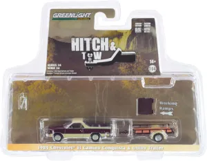 1984 Chevy El Camino Conquista Maroon Metallic and Beige with Utility Trailer Hitch & Tow Series 24 1/64 Diecast Model Car by Greenlight 32240 B