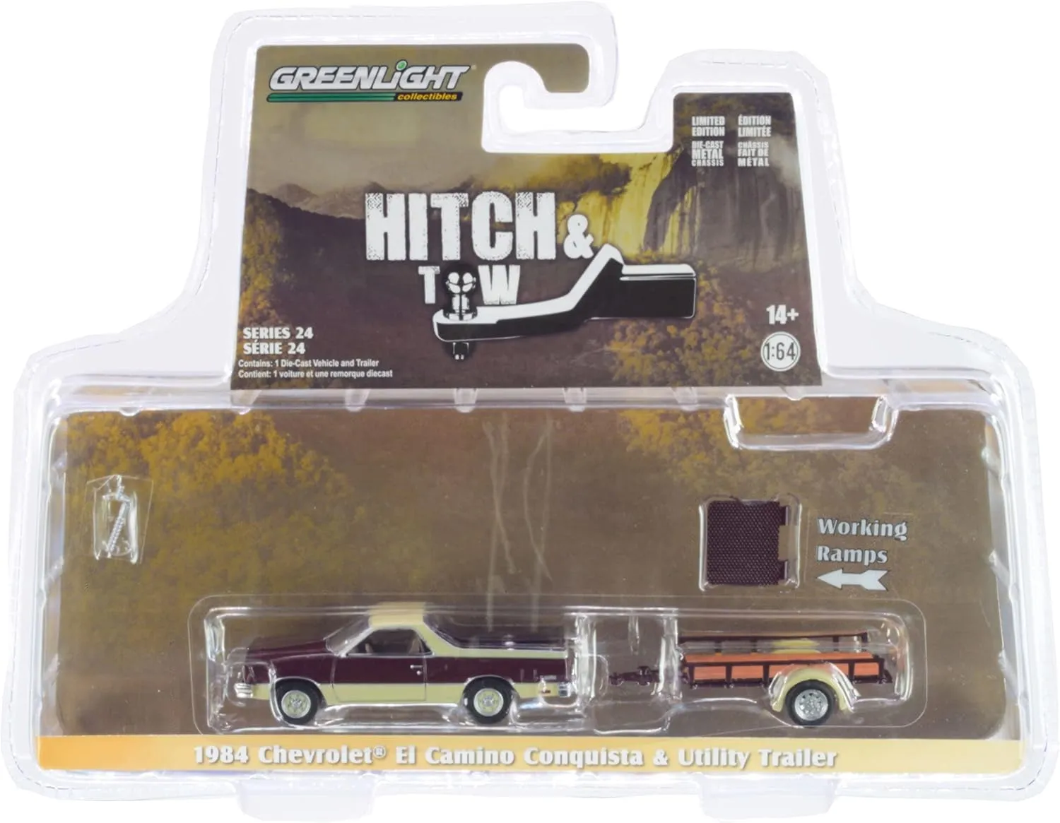 1984 Chevy El Camino Conquista Maroon Metallic and Beige with Utility Trailer Hitch & Tow Series 24 1/64 Diecast Model Car by Greenlight 32240 B