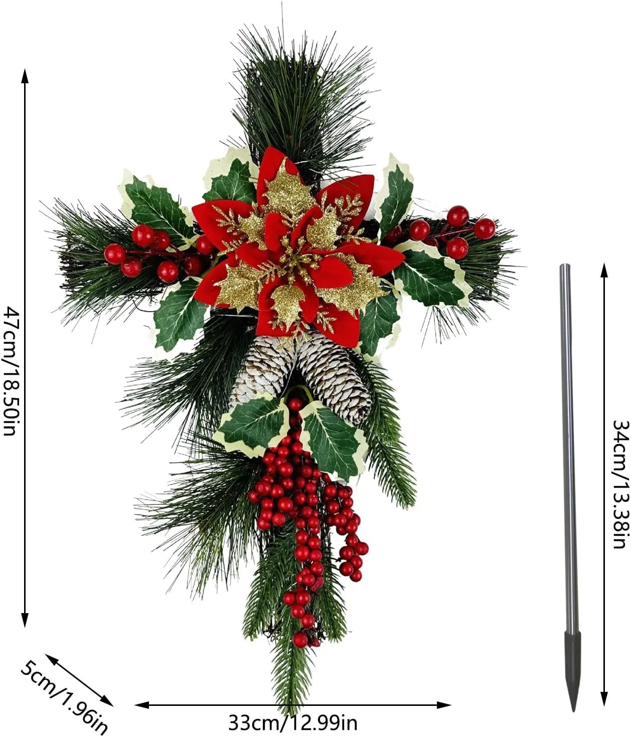 19" Christmas Cross Stake, Solar Powered with Fairy Lights, Wooden Cross, Natural Rattan, Red Poinsettia & Berries, Pine Cones, Pine Needles