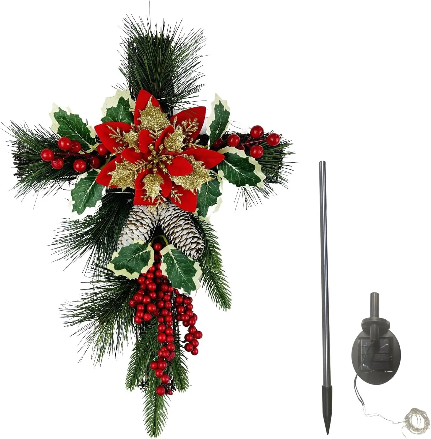19" Christmas Cross Stake, Solar Powered with Fairy Lights, Wooden Cross, Natural Rattan, Red Poinsettia & Berries, Pine Cones, Pine Needles