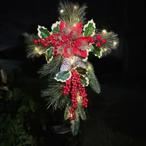 19" Christmas Cross Stake, Solar Powered with Fairy Lights, Wooden Cross, Natural Rattan, Red Poinsettia & Berries, Pine Cones, Pine Needles
