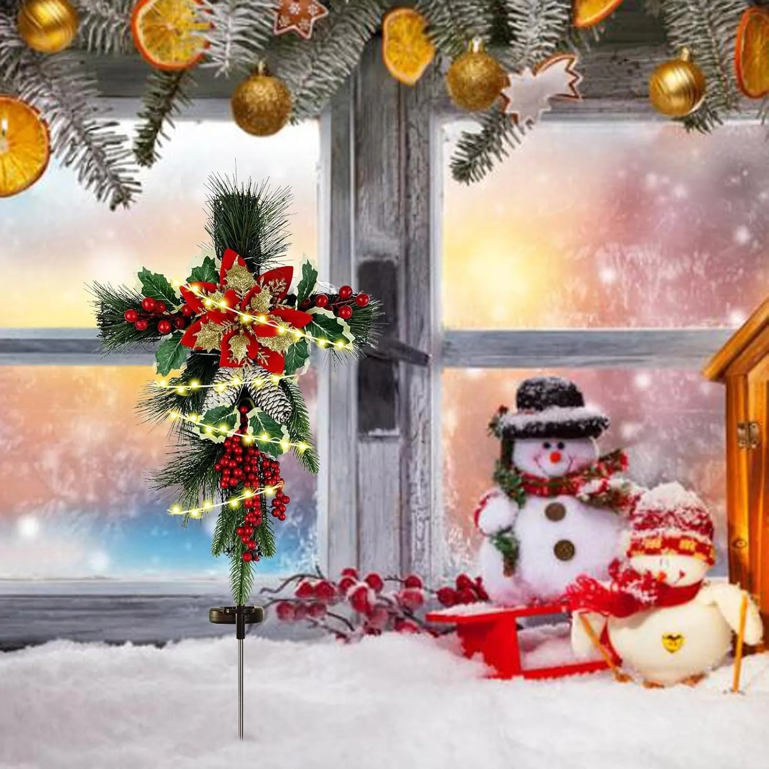 19" Christmas Cross Stake, Solar Powered with Fairy Lights, Wooden Cross, Natural Rattan, Red Poinsettia & Berries, Pine Cones, Pine Needles