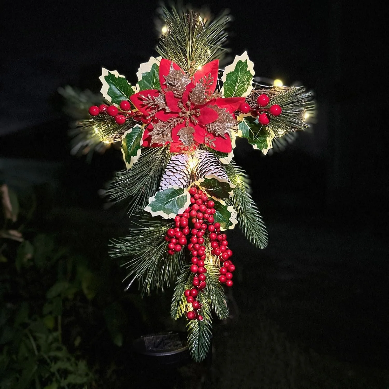 19" Christmas Cross Stake, Solar Powered with Fairy Lights, Wooden Cross, Natural Rattan, Red Poinsettia & Berries, Pine Cones, Pine Needles