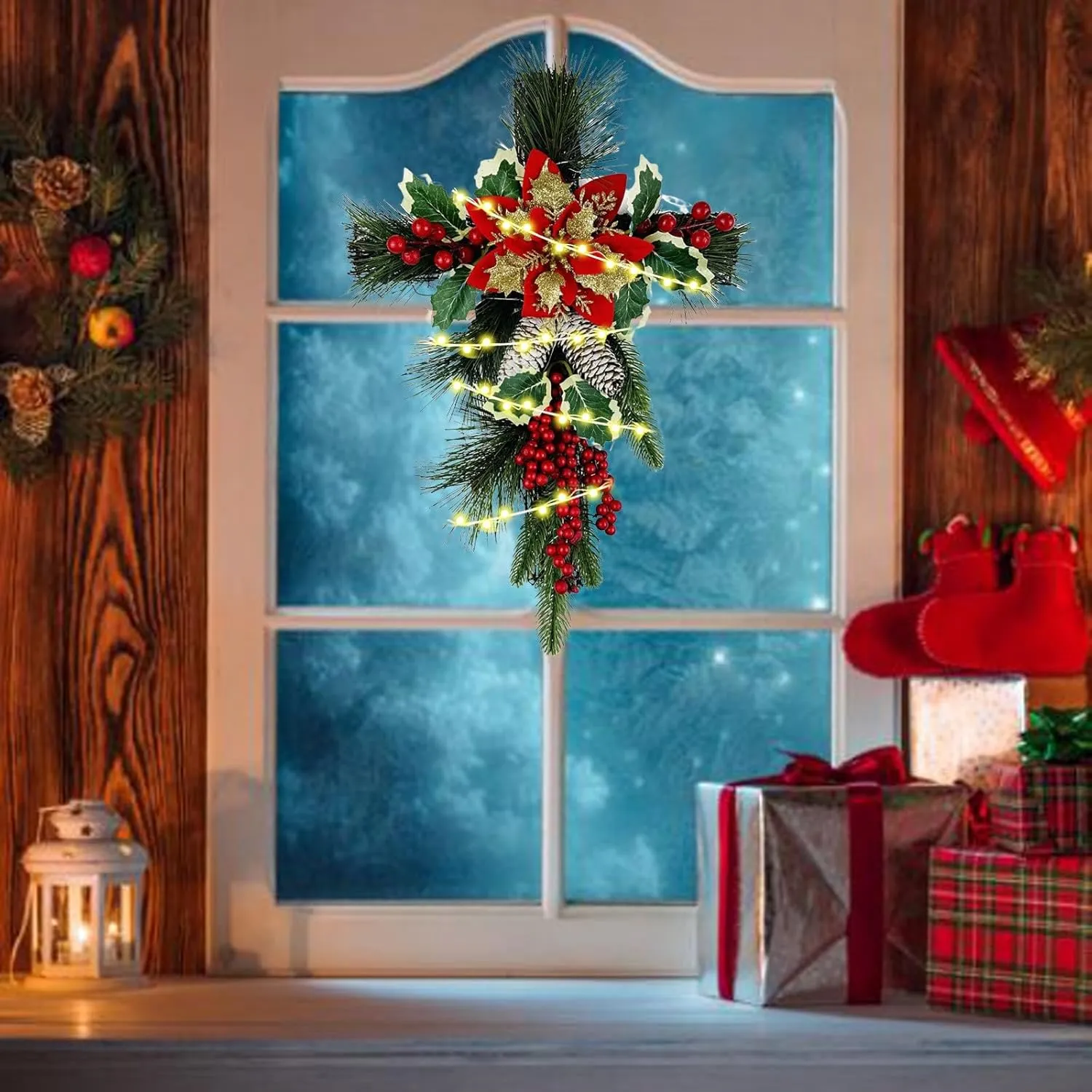 19" Christmas Cross Stake, Solar Powered with Fairy Lights, Wooden Cross, Natural Rattan, Red Poinsettia & Berries, Pine Cones, Pine Needles