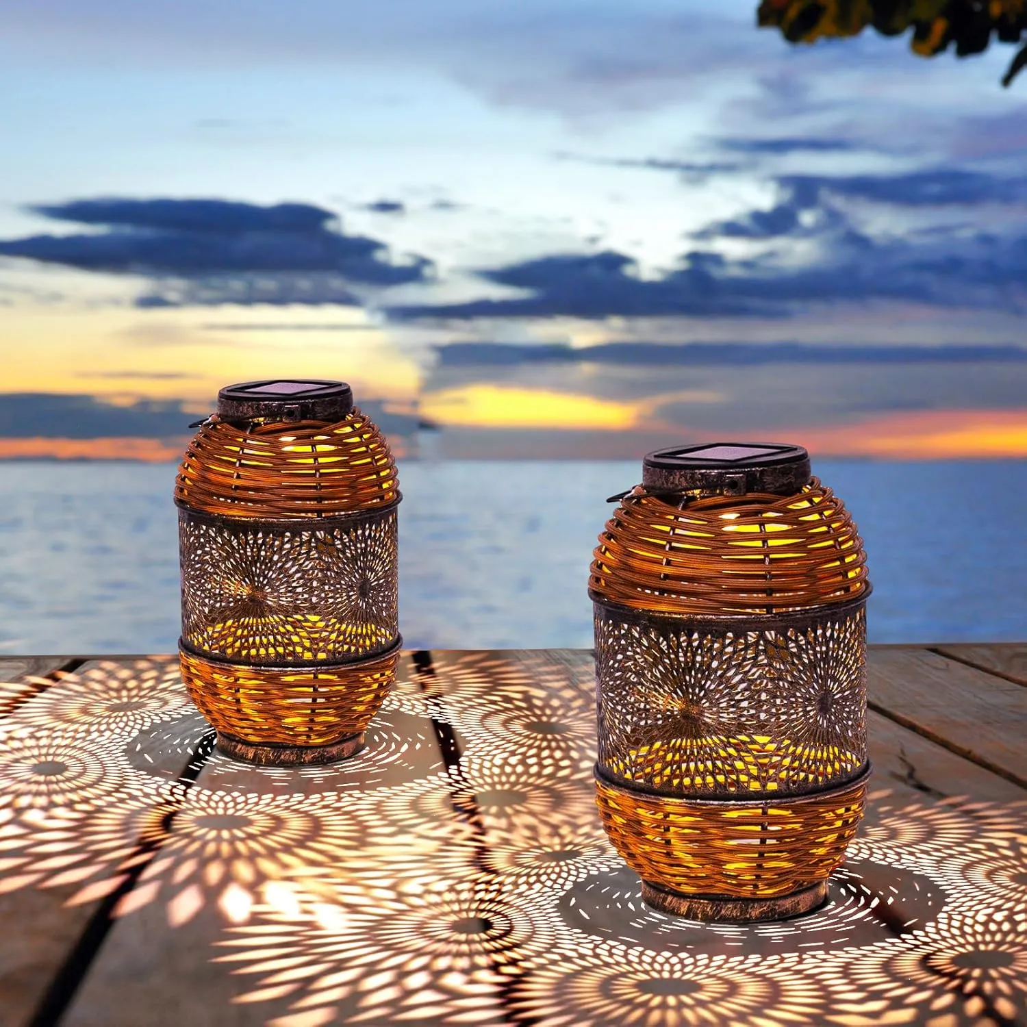 2 Pack Solar Lanterns Outdoor,Rattan with Metal Decorative Garden Hanging Lanterns Waterproof Mother's Day Gifts LED Light with Handle for Table,Patio,Pathway,Pergolas,Tree,Yard,Fence,Hook