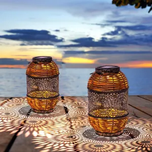 2 Pack Solar Lanterns Outdoor,Rattan with Metal Decorative Garden Hanging Lanterns Waterproof Mother's Day Gifts LED Light with Handle for Table,Patio,Pathway,Pergolas,Tree,Yard,Fence,Hook