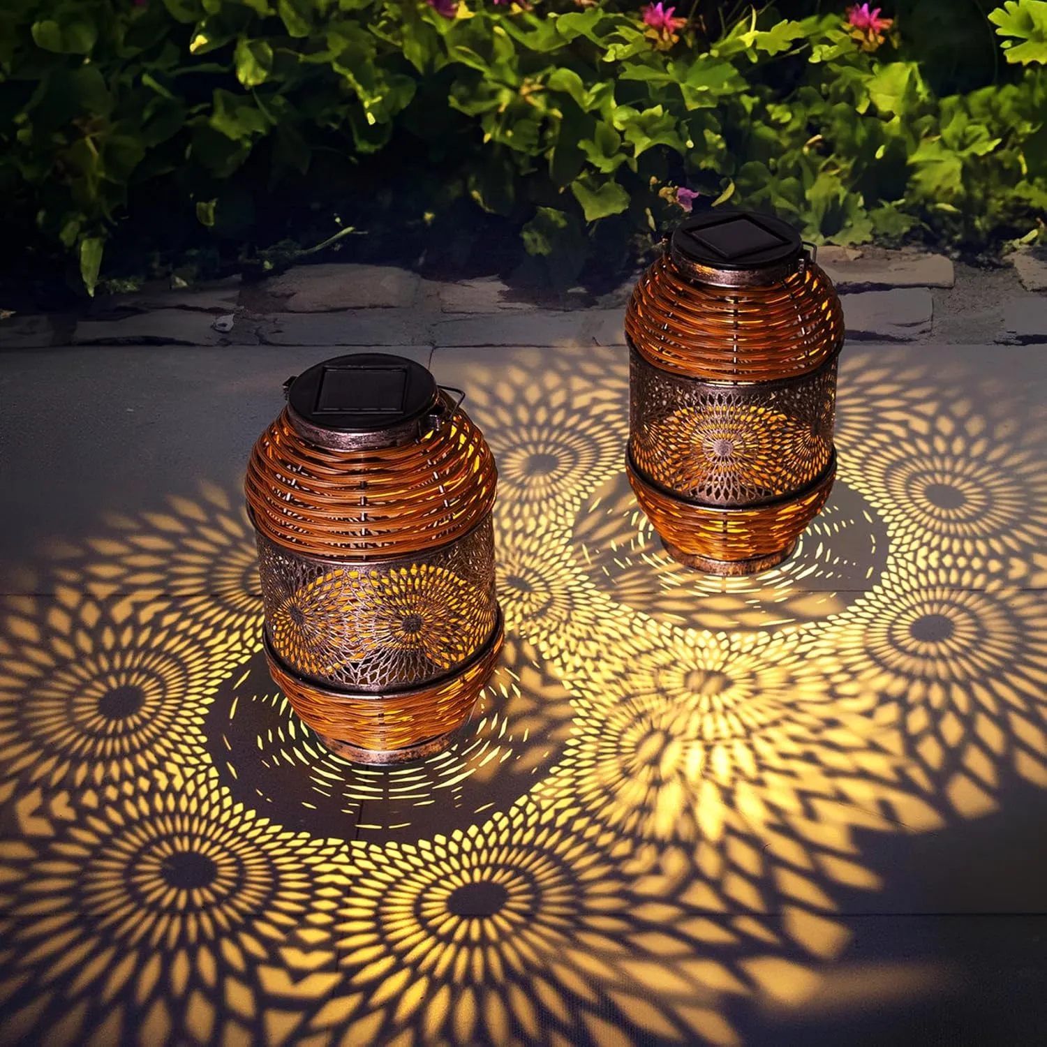 2 Pack Solar Lanterns Outdoor,Rattan with Metal Decorative Garden Hanging Lanterns Waterproof Mother's Day Gifts LED Light with Handle for Table,Patio,Pathway,Pergolas,Tree,Yard,Fence,Hook
