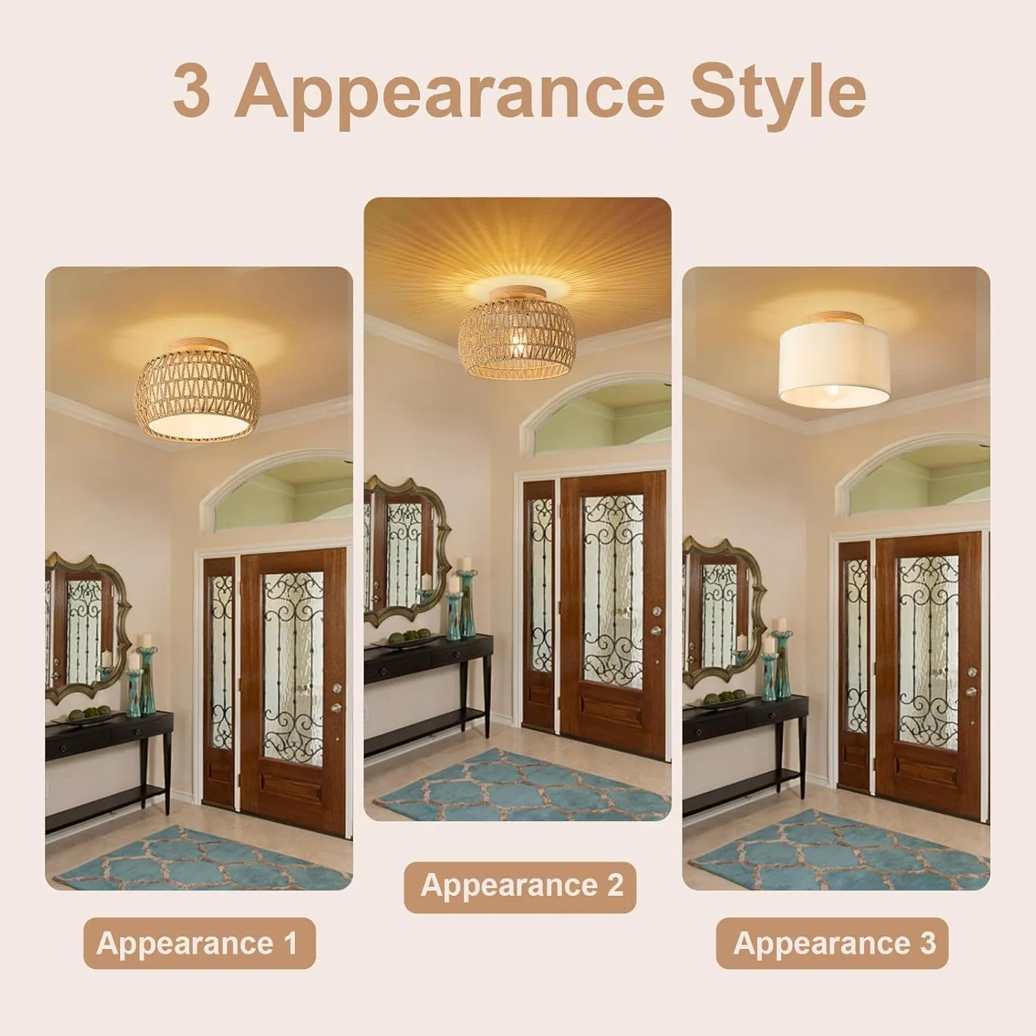 2 Packs Boho Rattan Flush Mount Ceiling Lights 12 Inch Farmhouse Ceiling Light Fixtures Rustic Wicker Hand Woven Rope Cage for Dining Room Kitchen Bedroom Foyer Hallway Entryway