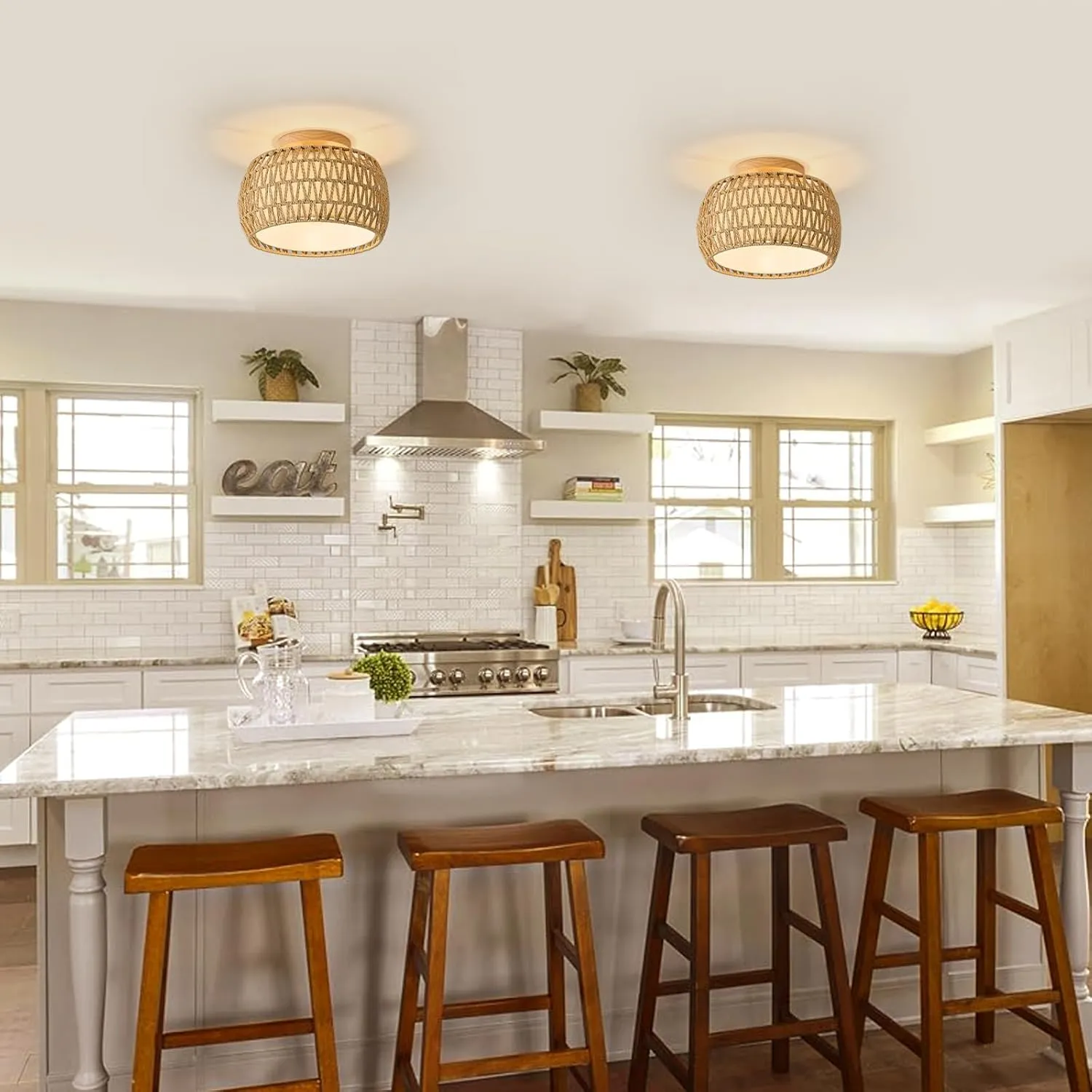2 Packs Boho Rattan Flush Mount Ceiling Lights 12 Inch Farmhouse Ceiling Light Fixtures Rustic Wicker Hand Woven Rope Cage for Dining Room Kitchen Bedroom Foyer Hallway Entryway