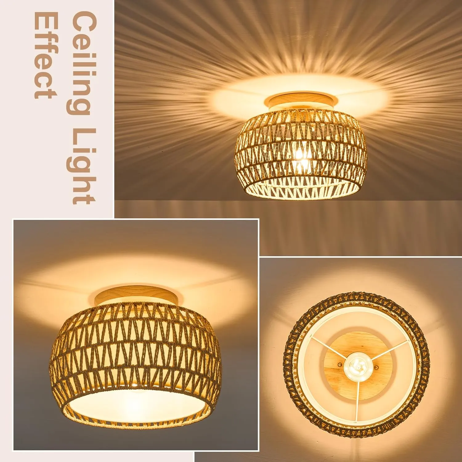 2 Packs Boho Rattan Flush Mount Ceiling Lights 12 Inch Farmhouse Ceiling Light Fixtures Rustic Wicker Hand Woven Rope Cage for Dining Room Kitchen Bedroom Foyer Hallway Entryway