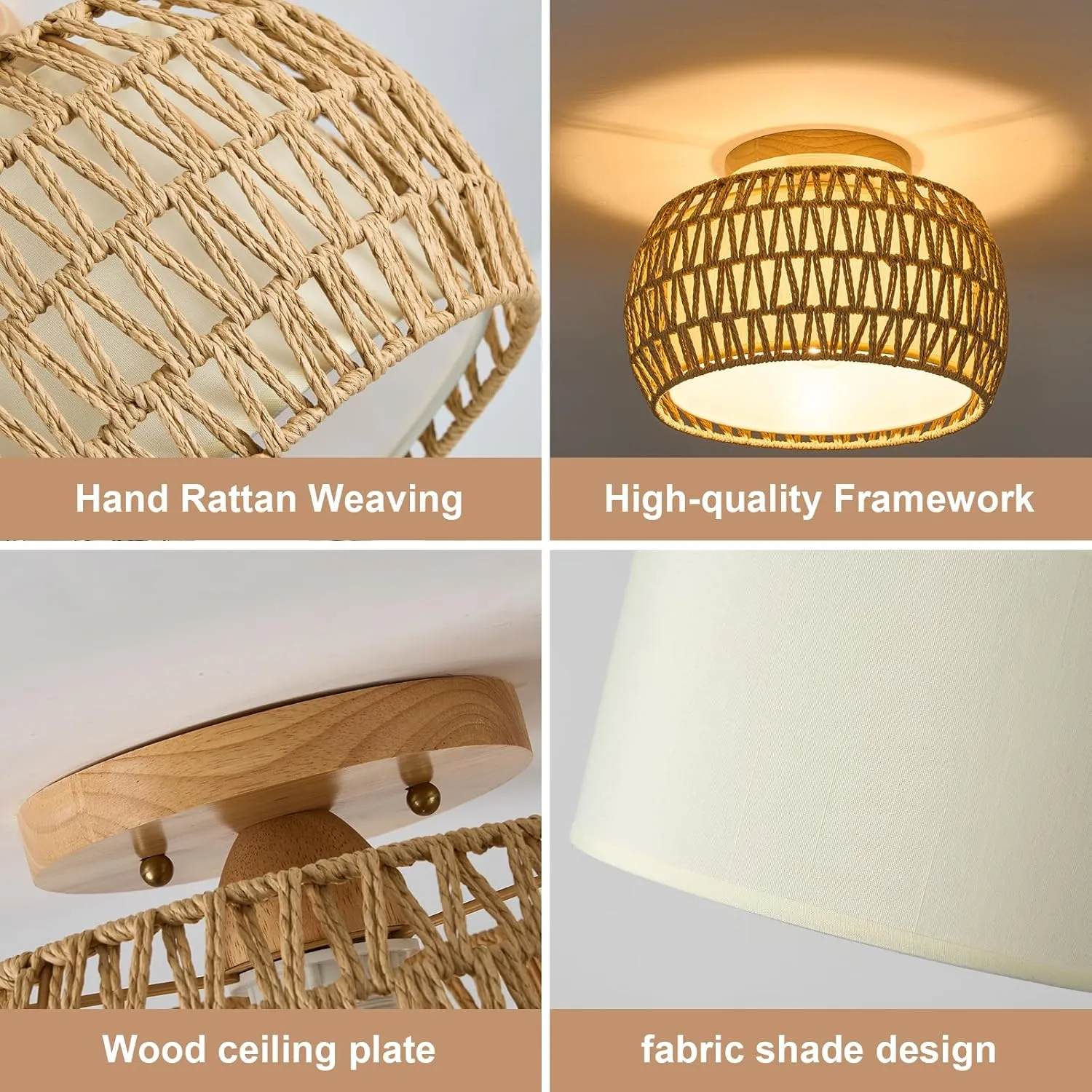 2 Packs Boho Rattan Flush Mount Ceiling Lights 12 Inch Farmhouse Ceiling Light Fixtures Rustic Wicker Hand Woven Rope Cage for Dining Room Kitchen Bedroom Foyer Hallway Entryway