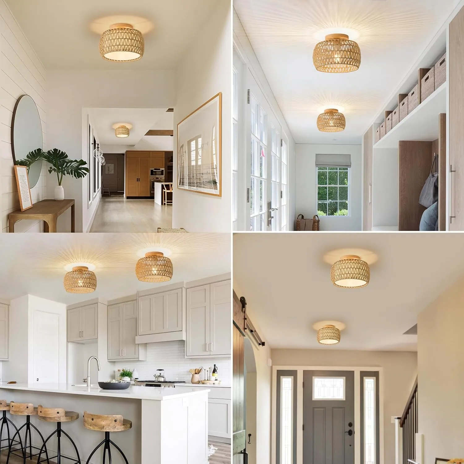 2 Packs Boho Rattan Flush Mount Ceiling Lights 12 Inch Farmhouse Ceiling Light Fixtures Rustic Wicker Hand Woven Rope Cage for Dining Room Kitchen Bedroom Foyer Hallway Entryway