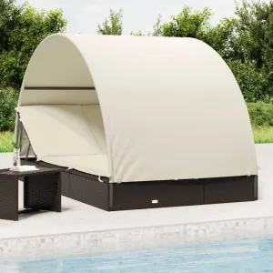 2-Person Sunbed with Adjustable Round Roof for Cozy Poolside Relaxation, Durable PE Rattan and Cream Cushions, Black