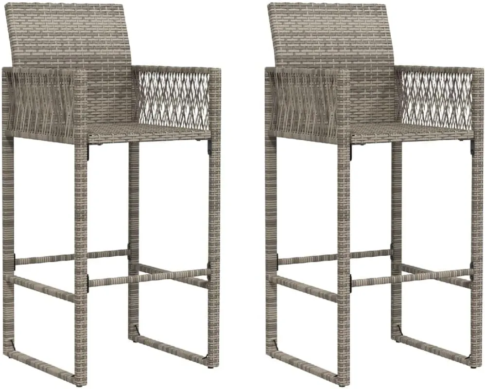 2-Piece Gray Poly Rattan Bar Stools Outdoor Furniture with Steel Frame, 31.5" Seat Height Weather-Resistant Patio Chairs for Poolside Backyard Deck Dining (Assembly Required)