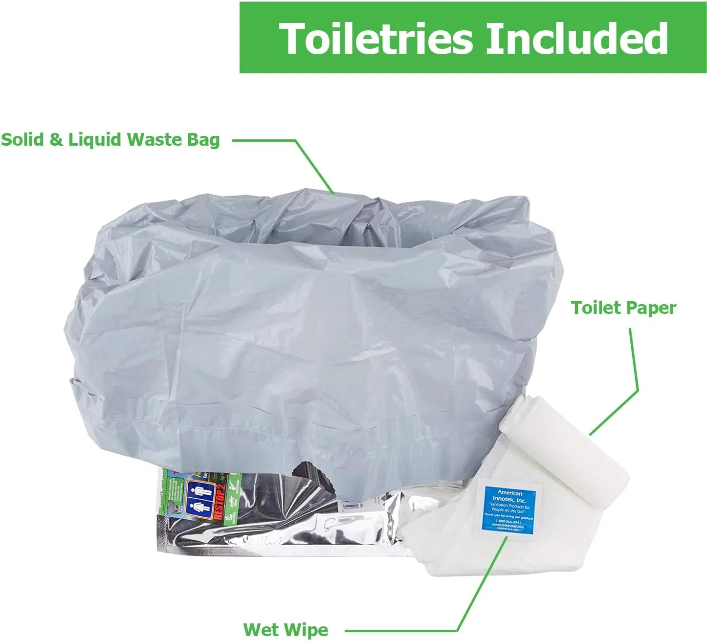 2 - Portable Toilet Solid (Poop) and Liquid (Pee) Leak Proof Waste Bag - Toilet Paper and Wet Wipe Included