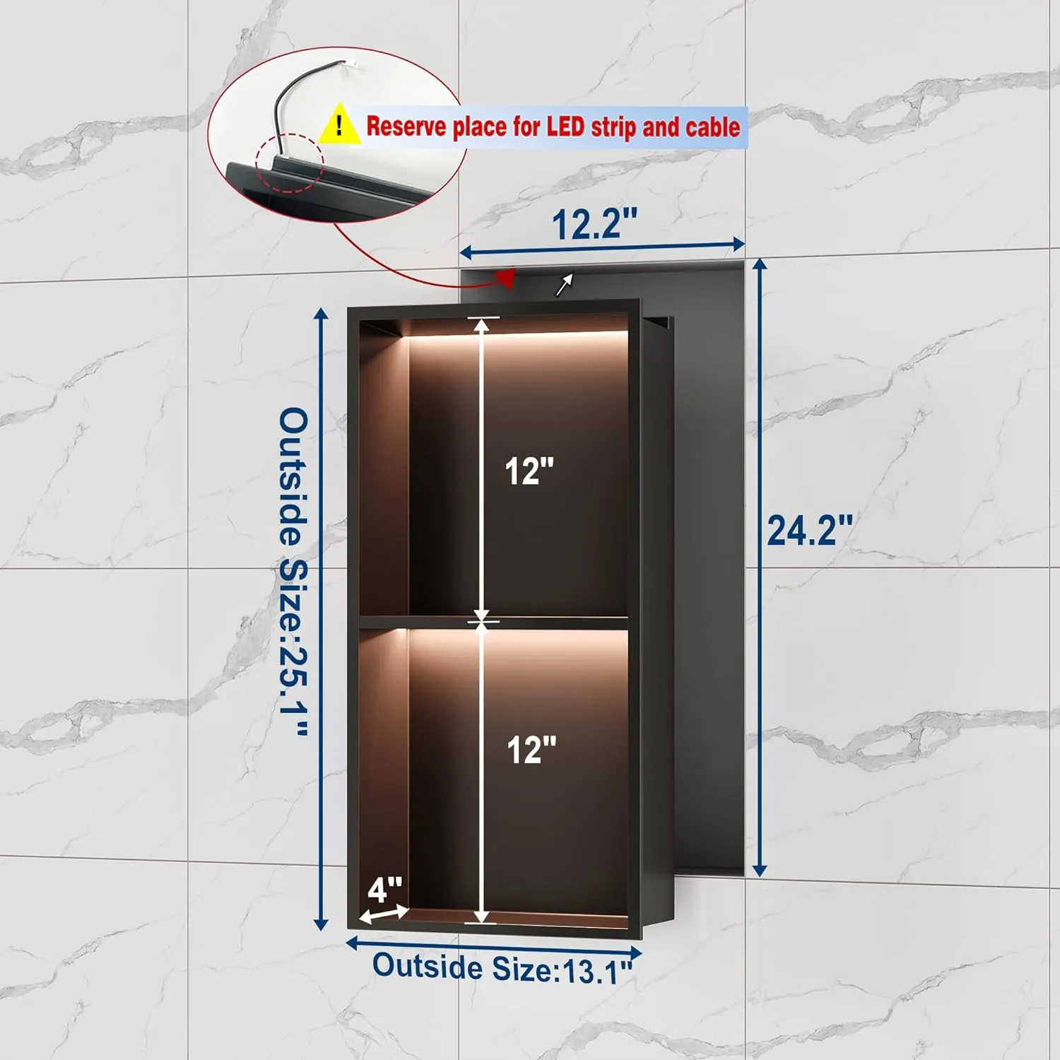 2-Tiers 12x24 Wall Niche with RGB LED Light Strips, Matte Black Shower Niche Cabinet, Stainless Steel Bathroom Shelf, NO Tile Needed Recessed Niche Storage Organizer