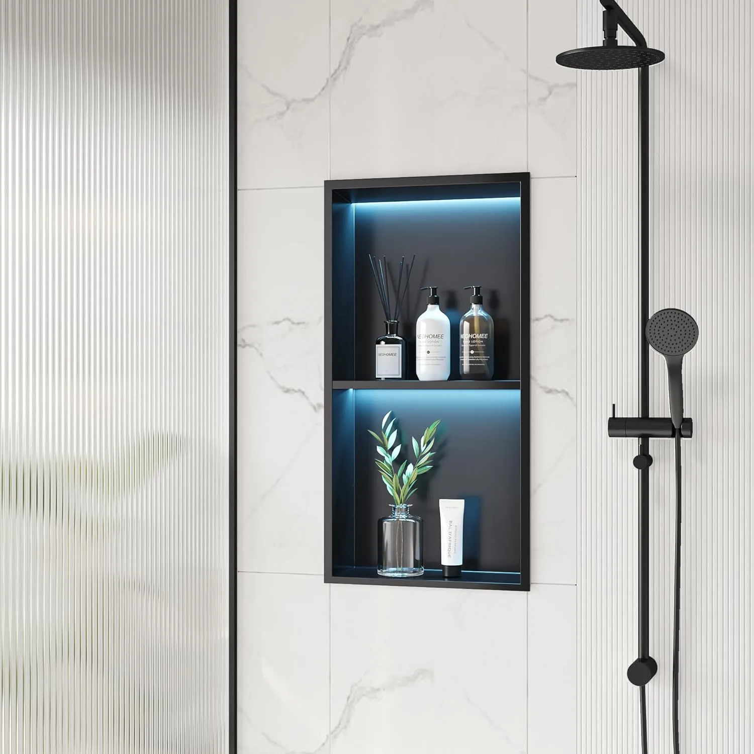 2-Tiers 12x24 Wall Niche with RGB LED Light Strips, Matte Black Shower Niche Cabinet, Stainless Steel Bathroom Shelf, NO Tile Needed Recessed Niche Storage Organizer