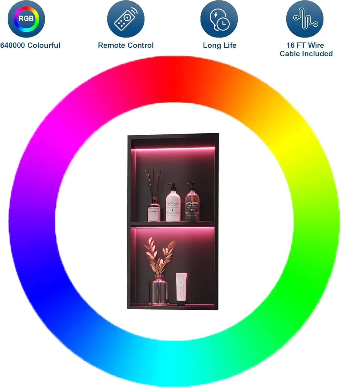 2-Tiers 12x24 Wall Niche with RGB LED Light Strips, Matte Black Shower Niche Cabinet, Stainless Steel Bathroom Shelf, NO Tile Needed Recessed Niche Storage Organizer