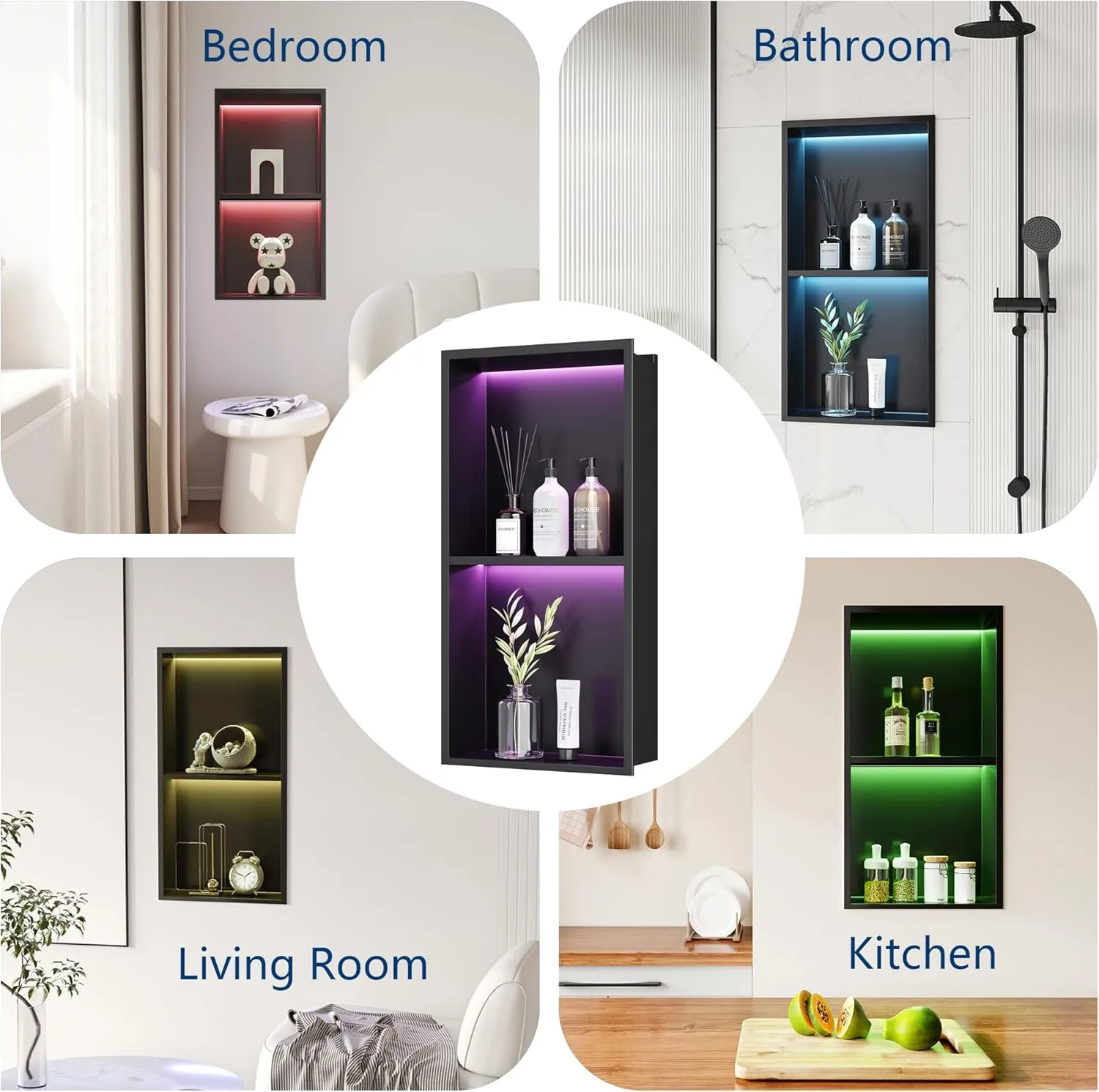 2-Tiers 12x24 Wall Niche with RGB LED Light Strips, Matte Black Shower Niche Cabinet, Stainless Steel Bathroom Shelf, NO Tile Needed Recessed Niche Storage Organizer
