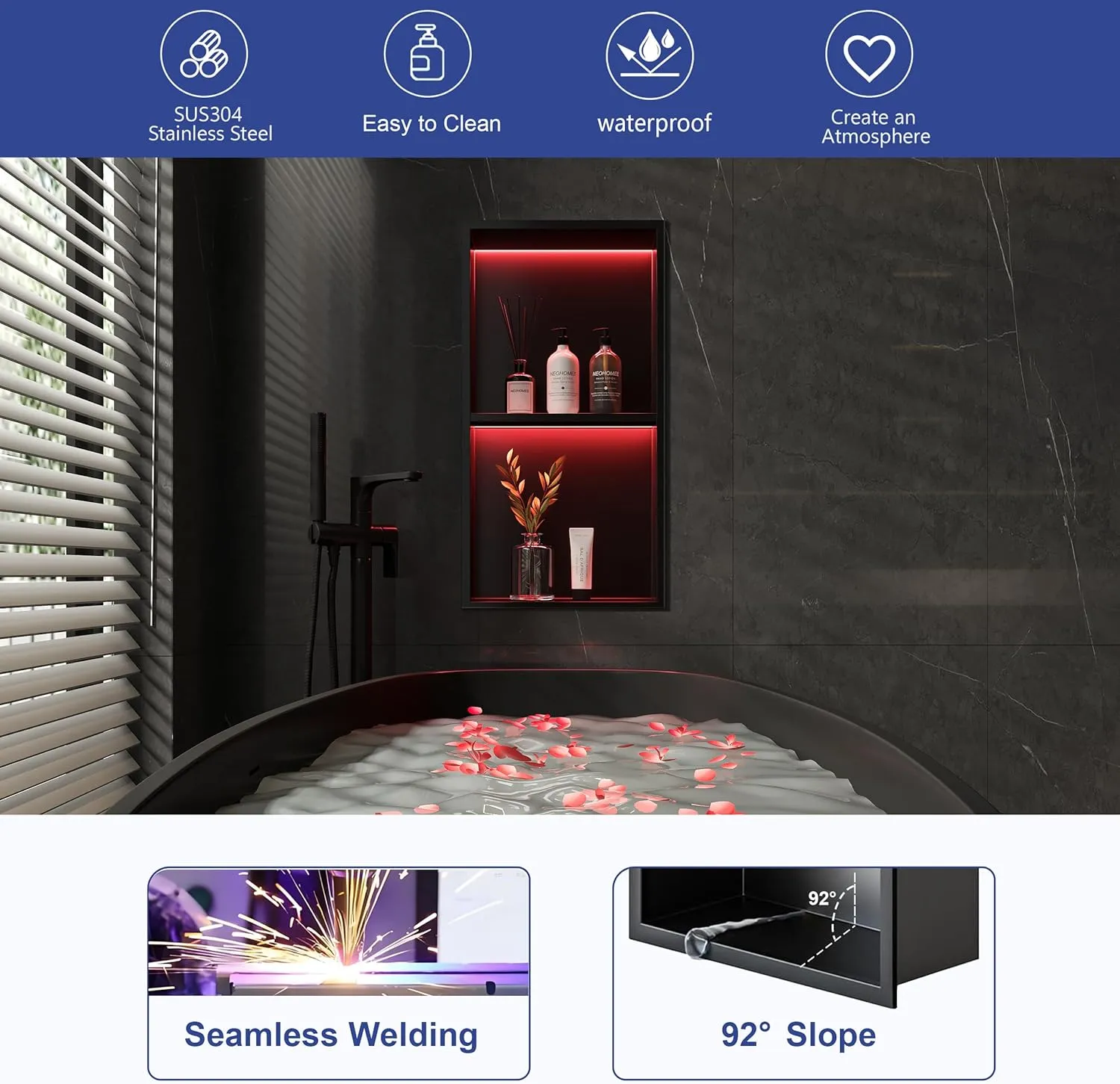 2-Tiers 12x24 Wall Niche with RGB LED Light Strips, Matte Black Shower Niche Cabinet, Stainless Steel Bathroom Shelf, NO Tile Needed Recessed Niche Storage Organizer