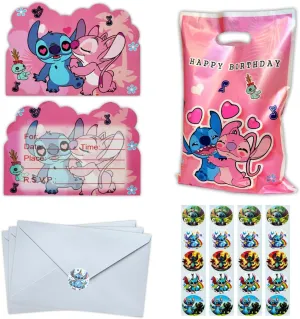 20 Stitch and lilo Pink Birthday invitation cards & 20 white envelopes with 20 stitch sticker and 20 pink stitch Goodie Bags Party Favor Bags with Handles for Kids Birthday
