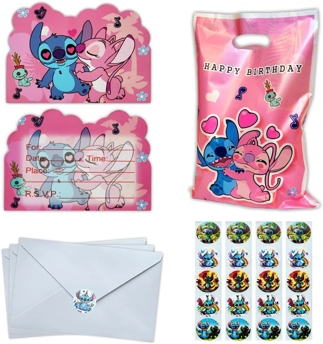 20 Stitch and lilo Pink Birthday invitation cards & 20 white envelopes with 20 stitch sticker and 20 pink stitch Goodie Bags Party Favor Bags with Handles for Kids Birthday