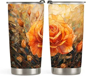 20oz Colorful Rose Flower, Crystal Stained Glass Style Flowers, Orange Yellow Rose Tumbler Cup, Insulated Travel Mug with Lid, Coffee Thermos for Women, Gifts for Women - AB