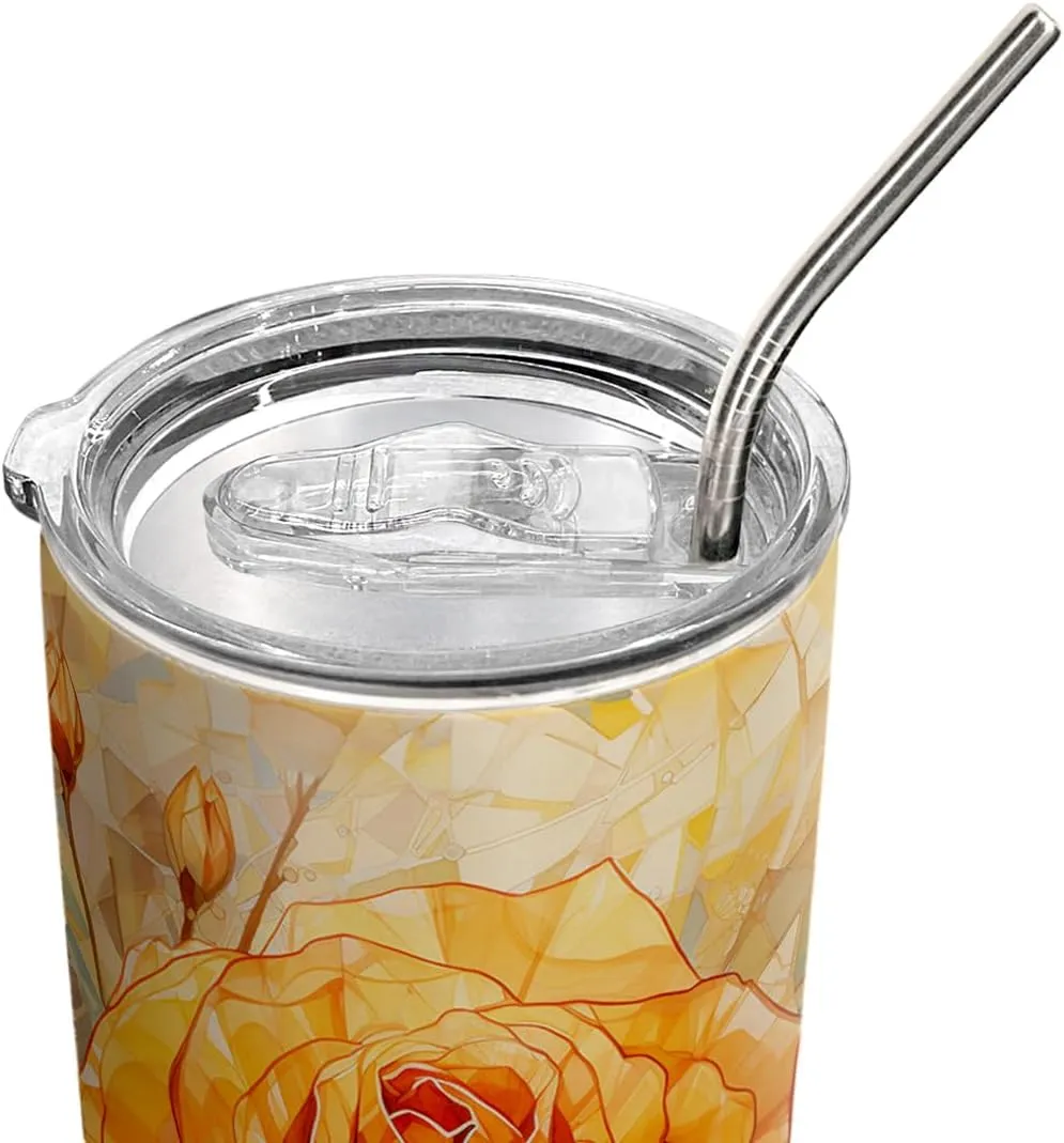 20oz Colorful Rose Flower, Crystal Stained Glass Style Flowers, Orange Yellow Rose Tumbler Cup, Insulated Travel Mug with Lid, Coffee Thermos for Women, Gifts for Women - AB