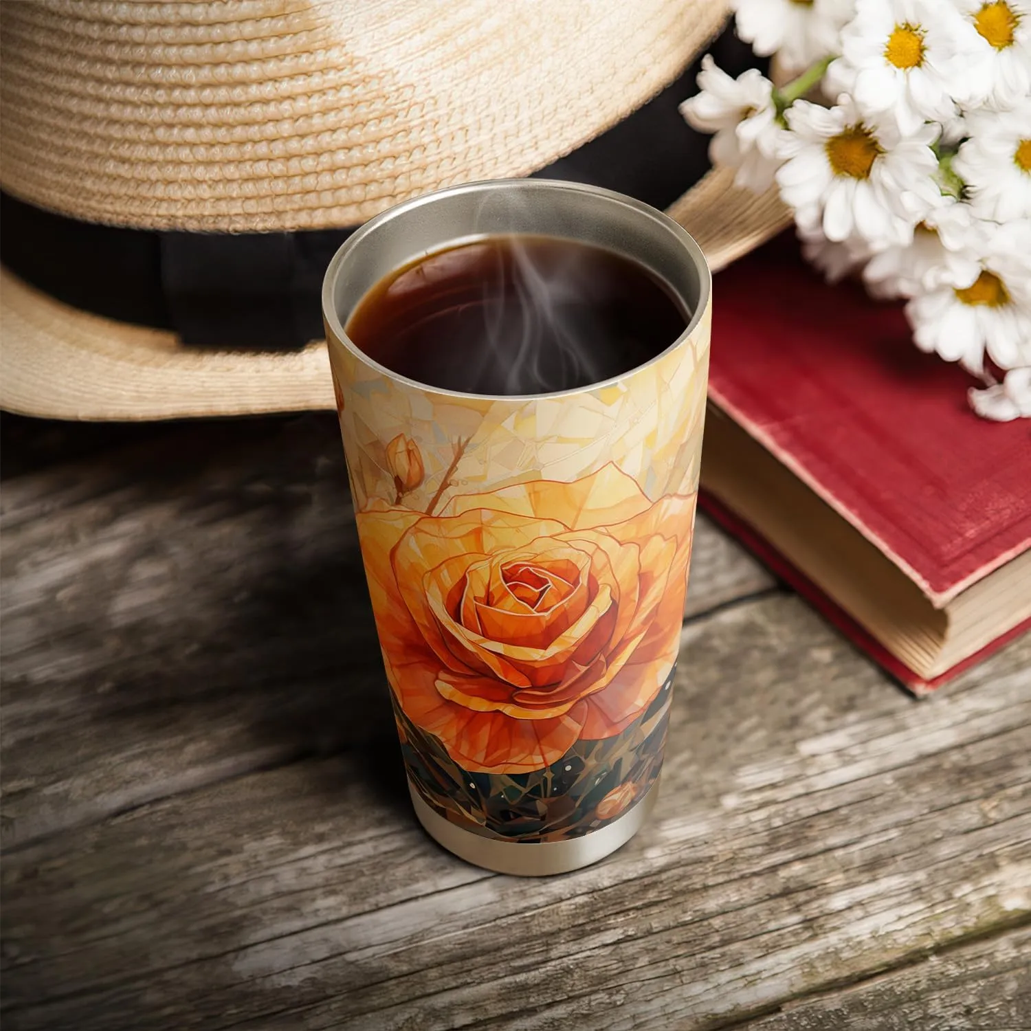 20oz Colorful Rose Flower, Crystal Stained Glass Style Flowers, Orange Yellow Rose Tumbler Cup, Insulated Travel Mug with Lid, Coffee Thermos for Women, Gifts for Women - AB