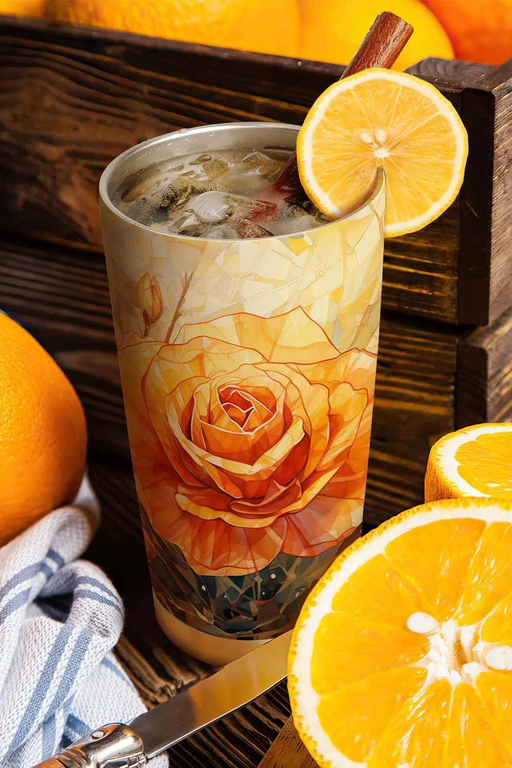 20oz Colorful Rose Flower, Crystal Stained Glass Style Flowers, Orange Yellow Rose Tumbler Cup, Insulated Travel Mug with Lid, Coffee Thermos for Women, Gifts for Women - AB