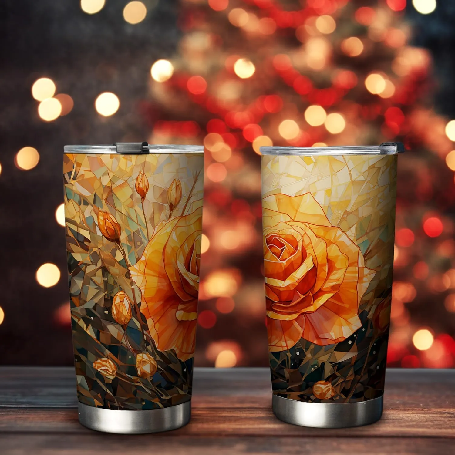 20oz Colorful Rose Flower, Crystal Stained Glass Style Flowers, Orange Yellow Rose Tumbler Cup, Insulated Travel Mug with Lid, Coffee Thermos for Women, Gifts for Women - AB