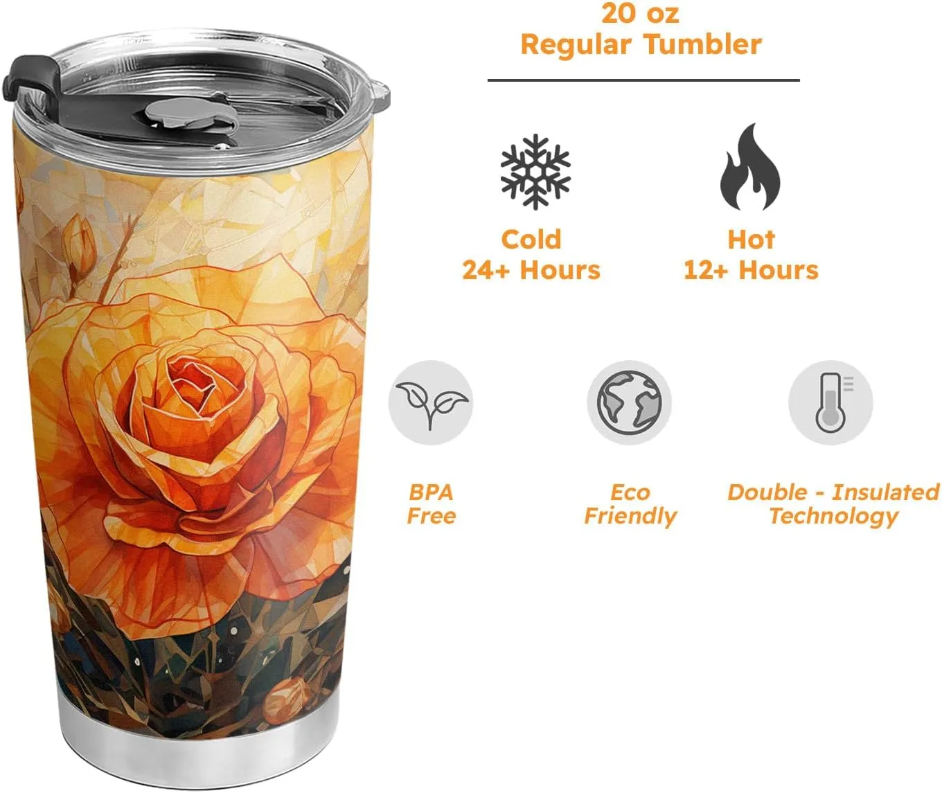 20oz Colorful Rose Flower, Crystal Stained Glass Style Flowers, Orange Yellow Rose Tumbler Cup, Insulated Travel Mug with Lid, Coffee Thermos for Women, Gifts for Women - AB
