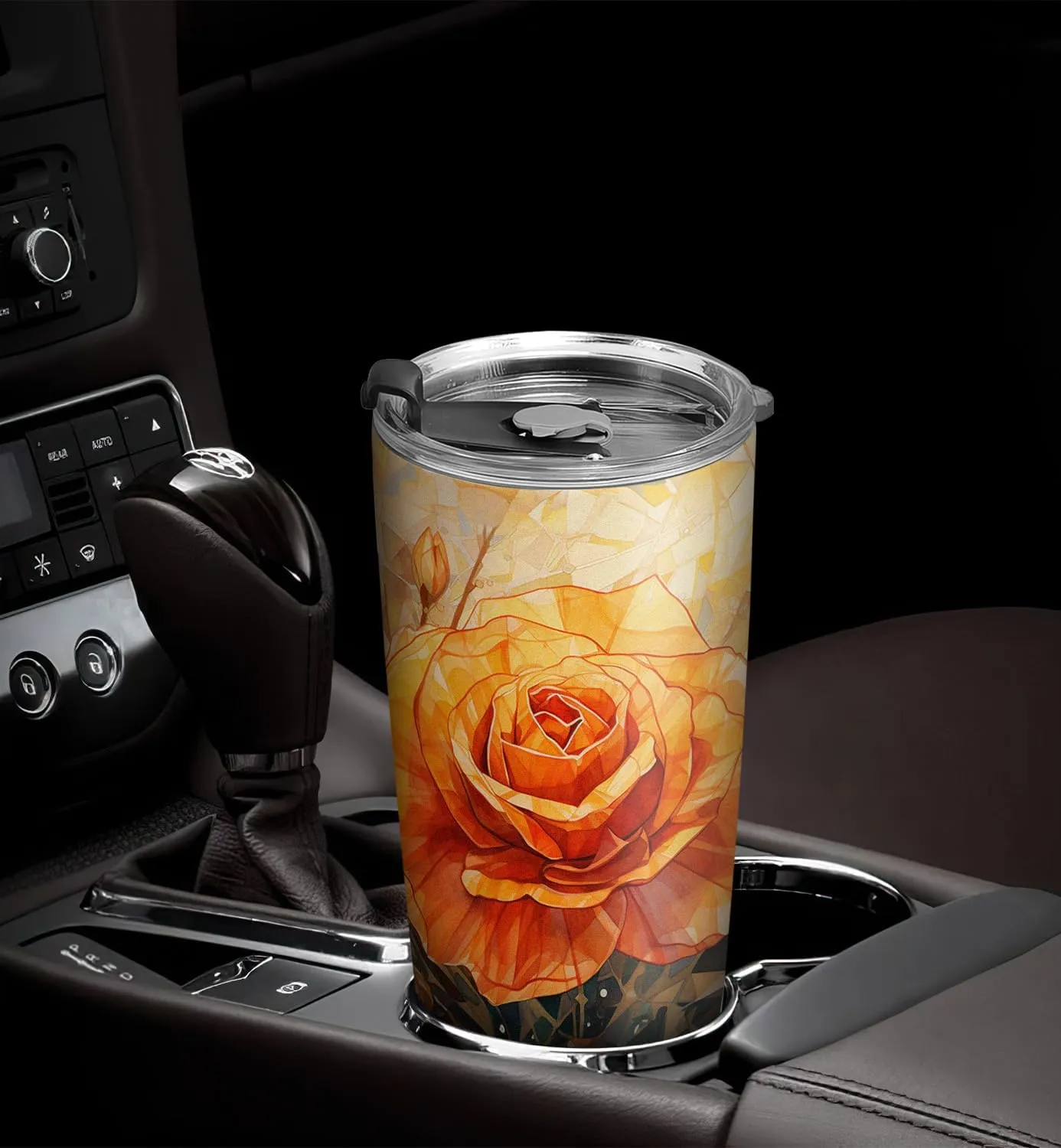 20oz Colorful Rose Flower, Crystal Stained Glass Style Flowers, Orange Yellow Rose Tumbler Cup, Insulated Travel Mug with Lid, Coffee Thermos for Women, Gifts for Women - AB