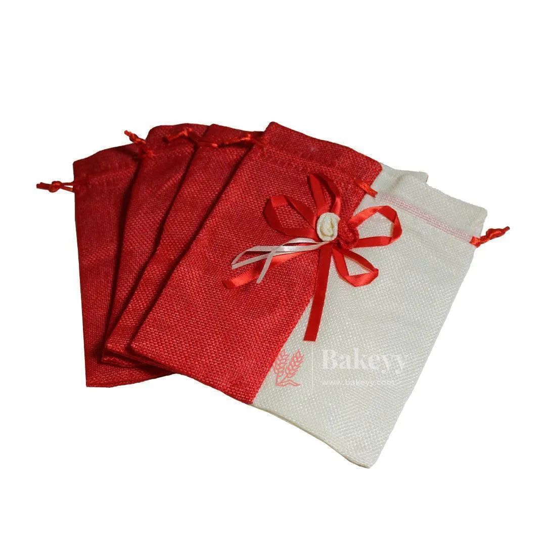 20x24cm| Red & Cream Jute Potli Bag with Floral Accent | Traditional Potli Bag | Wedding Favor Bag | Jewelry Pouch | Floral Accent Gift Bag | Pack of 10