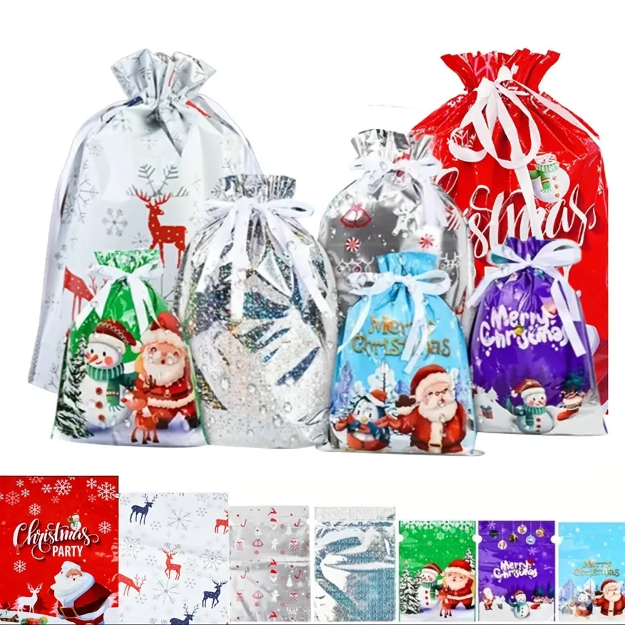 21 Pcs Polypropylene Christmas Gift Bags Set, Drawstring Wrapping Sacks Variety Pack for Festive Holiday Presents Packaging, Xmas Themed PP Party Favor Bags