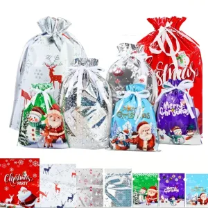21 Pcs Polypropylene Christmas Gift Bags Set, Drawstring Wrapping Sacks Variety Pack for Festive Holiday Presents Packaging, Xmas Themed PP Party Favor Bags