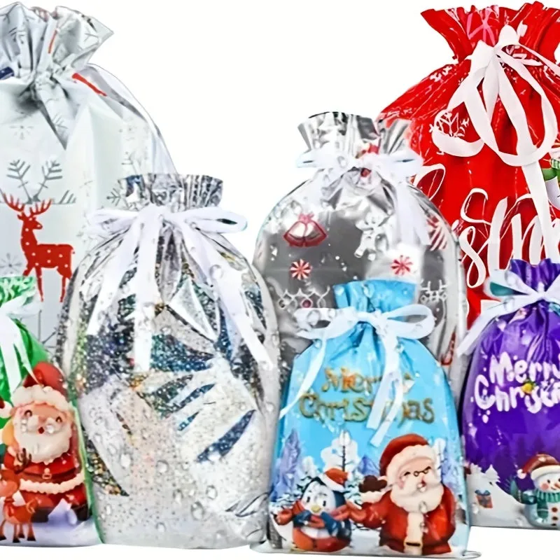 21 Pcs Polypropylene Christmas Gift Bags Set, Drawstring Wrapping Sacks Variety Pack for Festive Holiday Presents Packaging, Xmas Themed PP Party Favor Bags