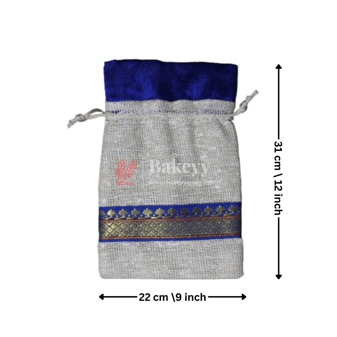 22x31 CM \9x12 inch| Elegant Jute Blue Drawstring Gift Bag | Drawstring Bags | Pack of 10