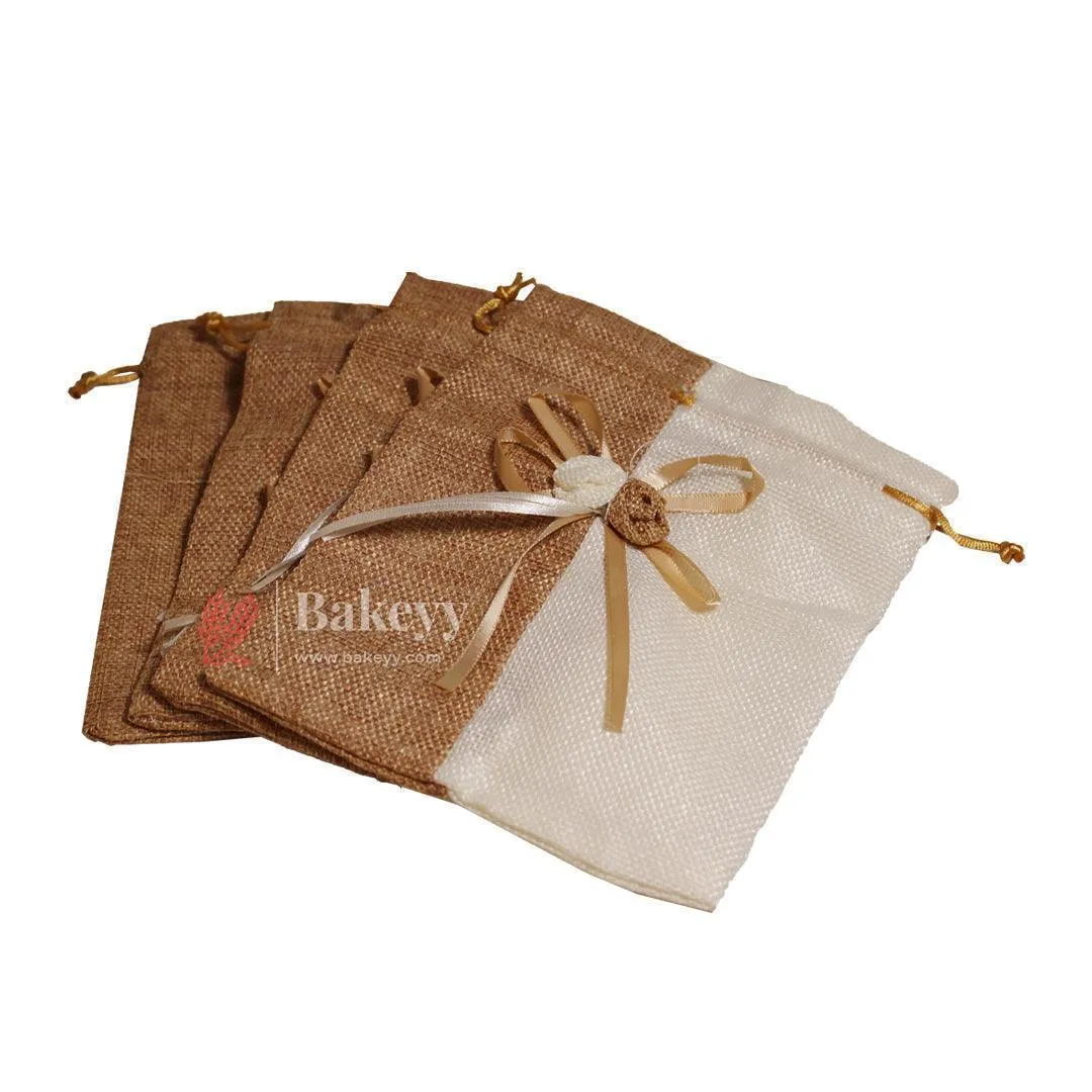 23x30cm| Brown & Cream Jute Potli Bag with Floral Accent | Traditional Potli Bag | Wedding Favor Bag | Jewelry Pouch | Floral Accent Gift Bag | Pack of 10