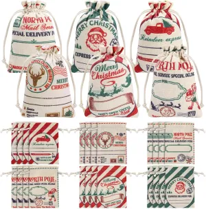 24 Pieces Christmas Burlap Gift Bags With Drawstring - Small North Pole Santa Sack Treat Candy Bags [Place to Write Wishes] for Xmas Holiday New Year Party Favors Supplies