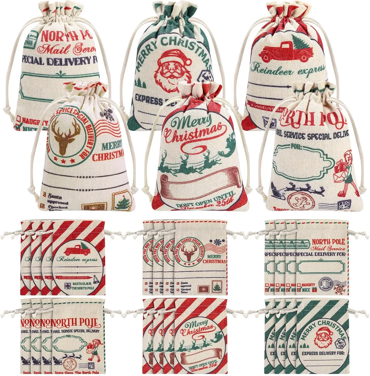 24 Pieces Christmas Burlap Gift Bags With Drawstring - Small North Pole Santa Sack Treat Candy Bags [Place to Write Wishes] for Xmas Holiday New Year Party Favors Supplies