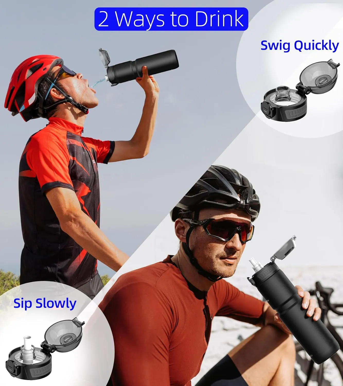 24oz/700ml Insulated Bike Water Bottle, Surgical Steel: No Plastic Taste, Stronger Grip for MTB & Gravel, Chug/Sip 2-in-1, Dirt Cap/Anti-Scratch (Matte Black)