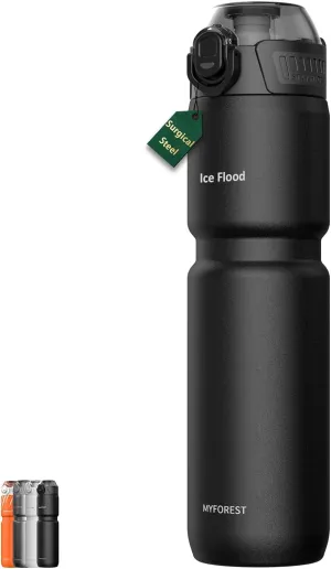 24oz/700ml Insulated Bike Water Bottle, Surgical Steel: No Plastic Taste, Stronger Grip for MTB & Gravel, Chug/Sip 2-in-1, Dirt Cap/Anti-Scratch (Matte Black)