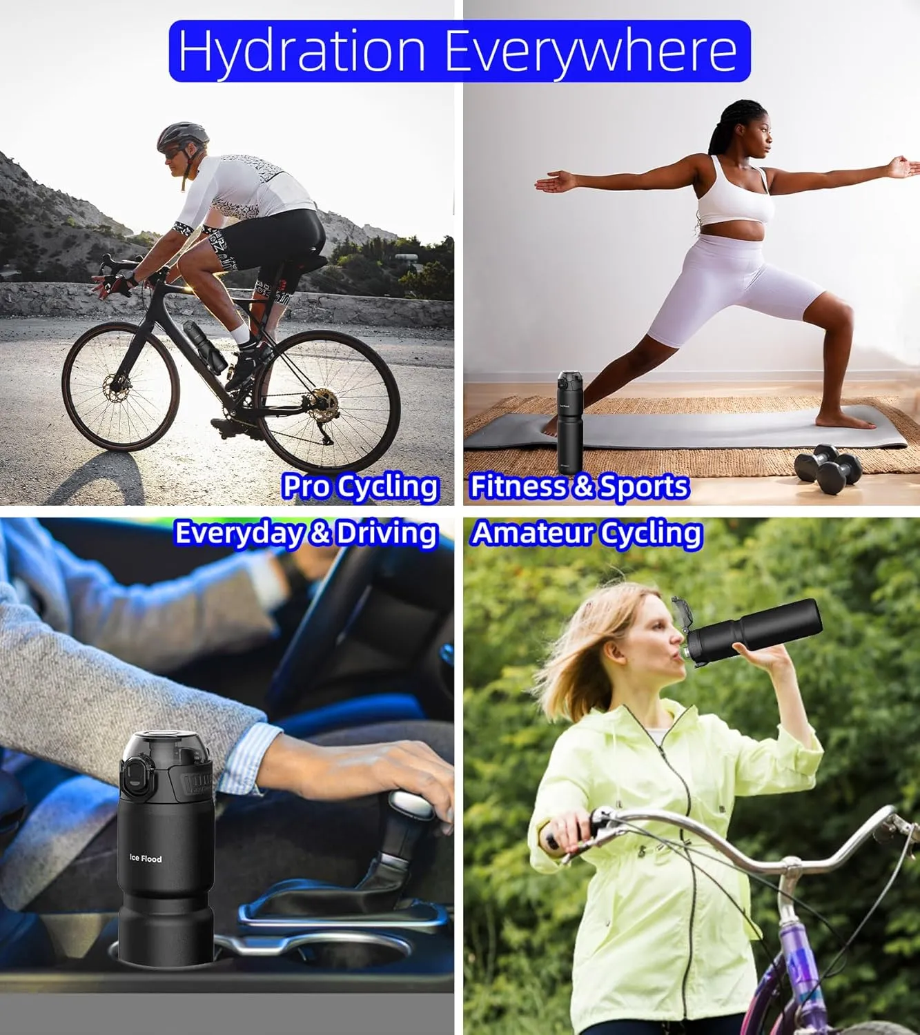 24oz/700ml Insulated Bike Water Bottle, Surgical Steel: No Plastic Taste, Stronger Grip for MTB & Gravel, Chug/Sip 2-in-1, Dirt Cap/Anti-Scratch (Matte Black)