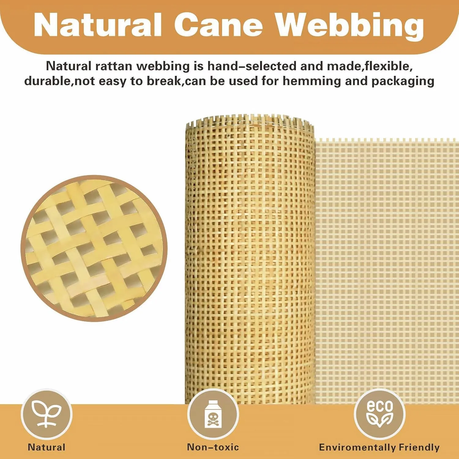 24" Width Natural Cane Webbing 5 Feet, Rattan Roll for Caning Project, Square Cane Webbing for Furniture, Chair, Cabinet, Ceiling, Door, Sofa