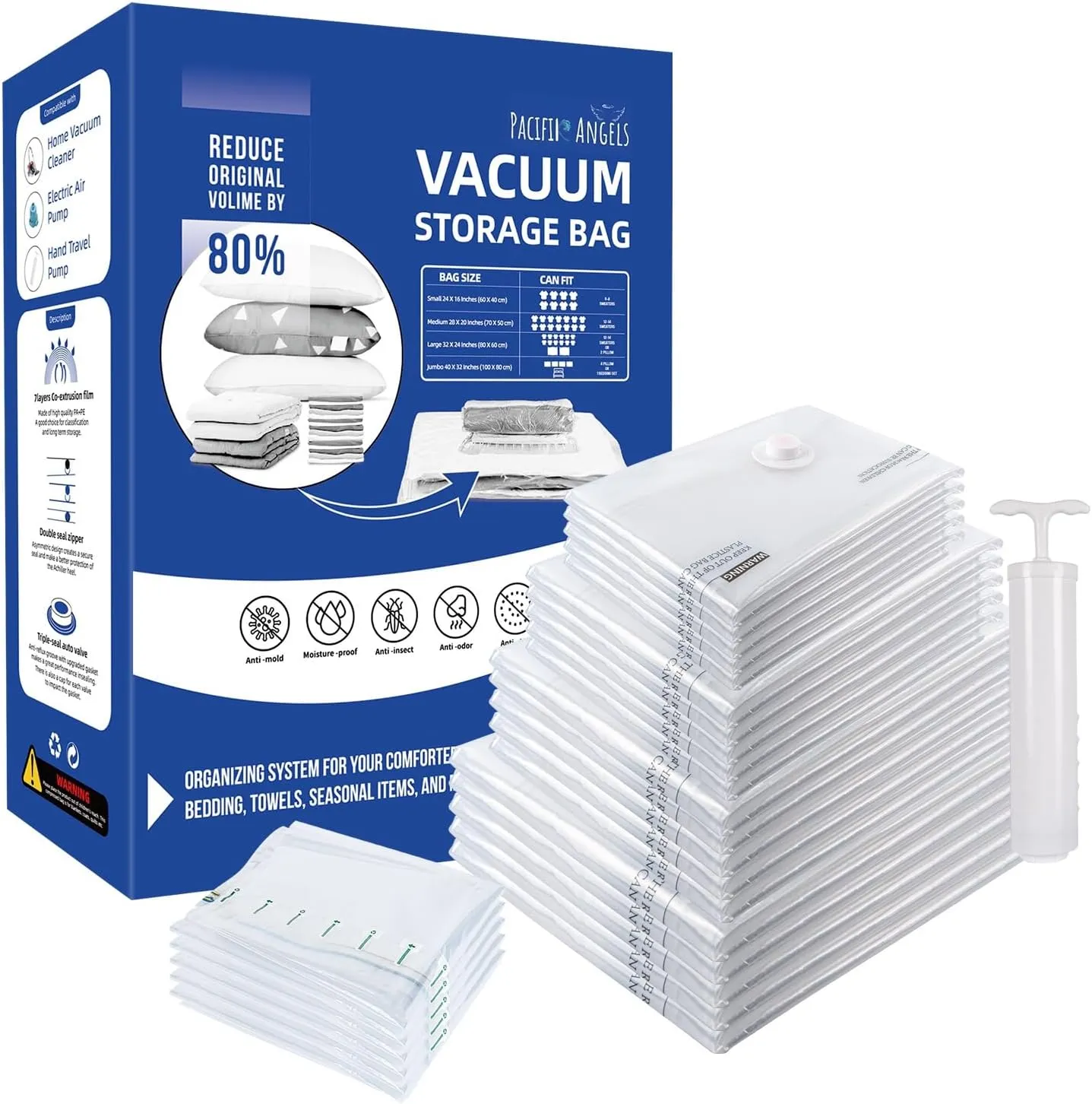 25-Pack Heavy-Duty Premium Vacuum Storage Bags – 80% Space Saving! 5 Jumbo/5 Large/5 Medium/5 Small/5 Roll Bags   FREE Travel Hand Pump. Ultra-Thick, Airtight & Reusable