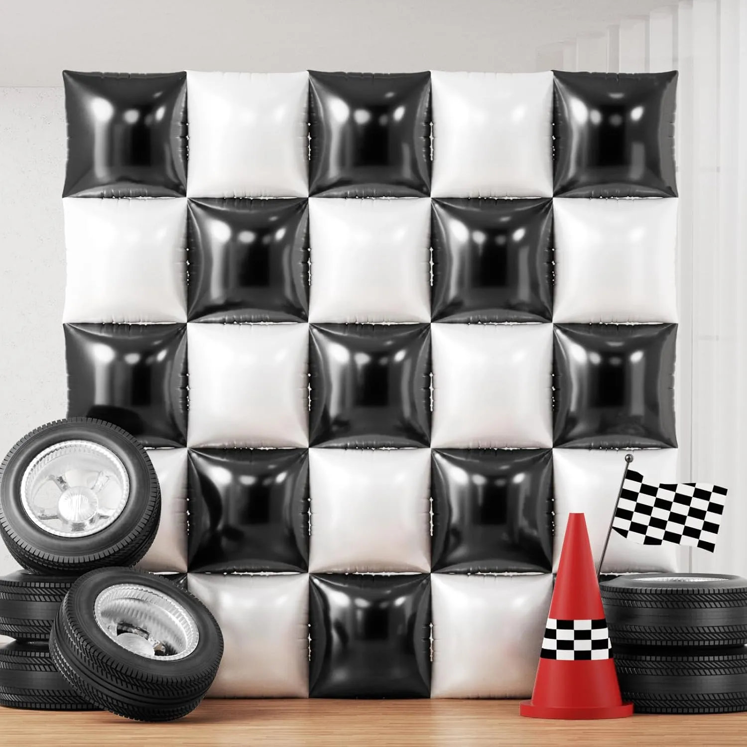 25Pcs Black and White Square Foil Balloons Wall Tunnel Backdrop Double Sided Metallic Balloon Arch Garland Kit For Checkered Racing Car Birthday New Year Party Decorations