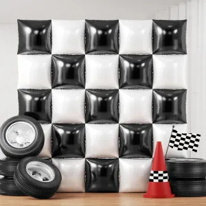 25Pcs Black and White Square Foil Balloons Wall Tunnel Backdrop Double Sided Metallic Balloon Arch Garland Kit For Checkered Racing Car Birthday New Year Party Decorations