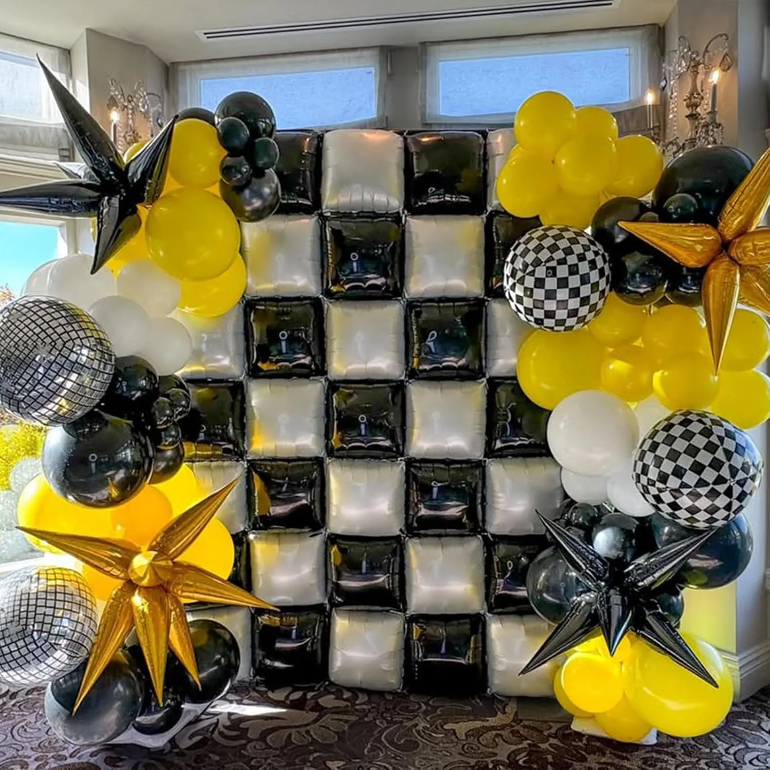 25Pcs Black and White Square Foil Balloons Wall Tunnel Backdrop Double Sided Metallic Balloon Arch Garland Kit For Checkered Racing Car Birthday New Year Party Decorations